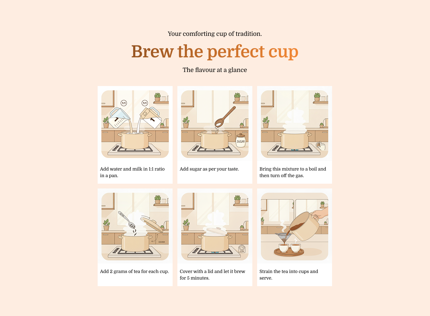 C. Somabhai Tea — Brew the perfect cup. Six illustrated steps for a Somabhai chai.